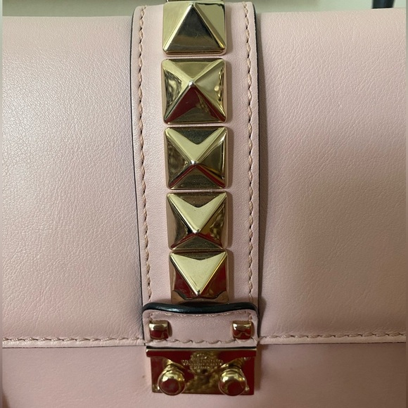 VALENTINO GARAVANI Rockstud Glam Medium Lock Shoulder Poudre Pink Bag Purse - Picture 7 of 14